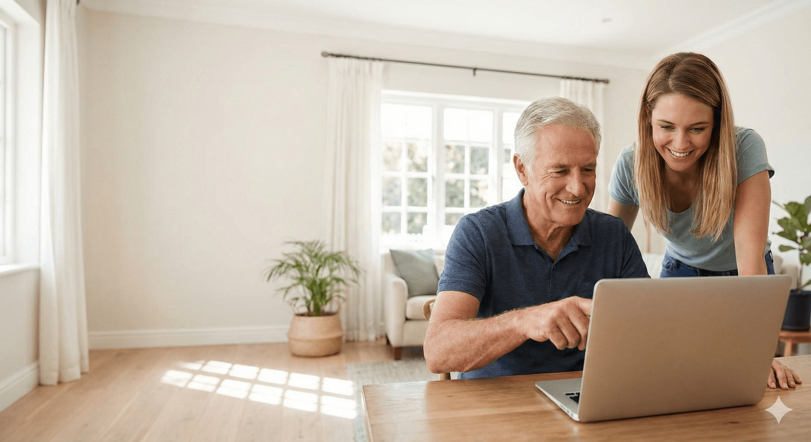 Adult daughter helping father learn on computer